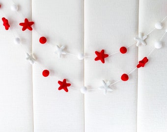 Red And White star Felt ball garland , Christmas Decor , christmas garland , white christmas Garland , Red Christmas decorations