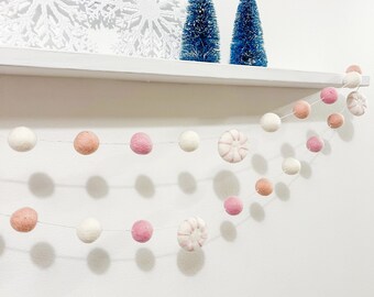 Pink peppermint garland, Christmas felt ball garland ,blush and peach decor, pink Christmas Decorations ,pink Christmas decor, neutral decor