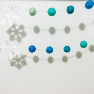 turquoise and blue snowflake felt ball garland, Winter garland ,snowflake decor ,ombre turquoise decor, Winter wonderland decorations image 7