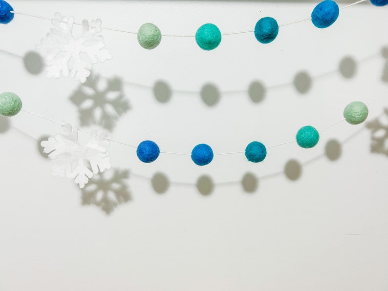 turquoise and blue snowflake felt ball garland, Winter garland ,snowflake decor ,ombre turquoise decor, Winter wonderland decorations image 7