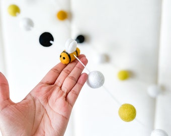Bumble Bee  Felt Ball Garland , Bumble Bee decor , Our bee is one,Bumble Bee cake smash ,  Summer felt ball garland, first birthday decor