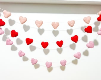 Red Heart Garland , Blush Heart Garland , Pink Heart garland, Valentines Day Felt Ball Garland , felt heart Garland , Valentines day decor