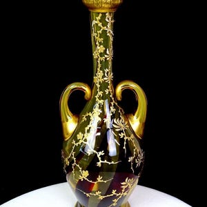 Moser Antique Bohemian Glass Ruby Flame Handled 11 3/4" Amber Bottle Vase 1885