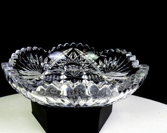 ABP American Brilliant Cut Crystal Hobstar & Fan Antique 6" Trinket Dish 1890-