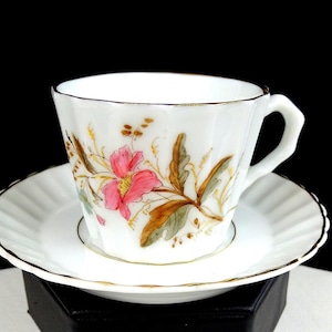 English Porcelain Blue Pink Floral Gold Trim Ribbed 2&quot; Demitasse Cup & Saucer