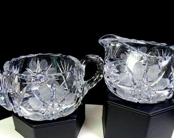 Juego de cremera y azucarero American Brilliant Cut Crystal Hobstar and Fan de 6,35 cm (2 1/2"), 1890-1916