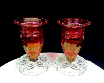 Victorian Style Cranberry & Clear Paneled 2Pc Antique 6 1/8"Candle Holder 1920