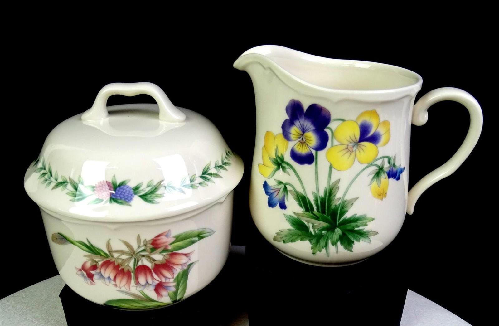 Noritake Porcelain Conservatory Gala Quisine 4" Creamer & Lidded Sugar Bowl 1991