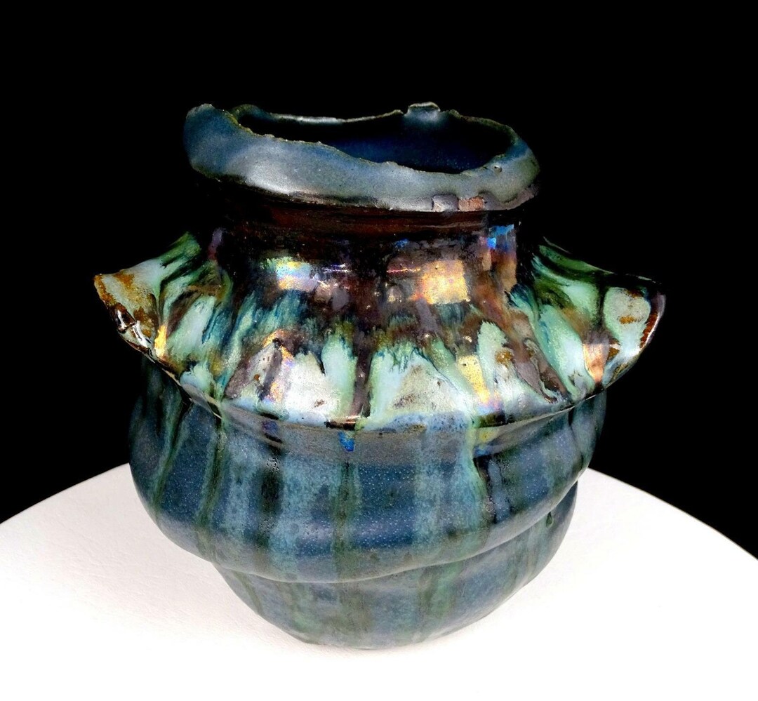 Studio Art Pottery Asian Inspired Brutalist Drip Glaze Handled 7 3/8 ...