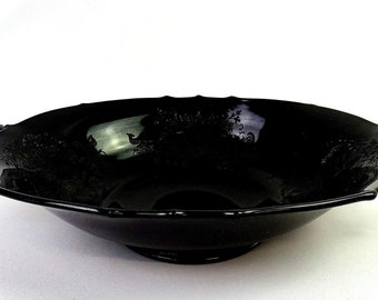 Paden City Glass 411 Mrs B Ebony Gothic Garden Etch 12 5/8" Handled Bowl 1930-
