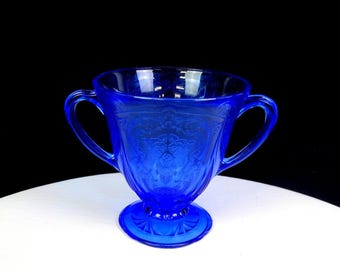 Azucarero abierto de 4 1/8" de vidrio Hazel Atlas Royal Lace azul cobalto, 1934-1941