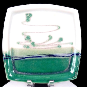 Peut inclure: Assiette carrée en céramique avec un dessus blanc et une base verte. L'assiette présente un motif décoratif avec des accents verts et roses. La moitié inférieure de l'assiette est vert vif uni, avec une rayure bleu foncé.