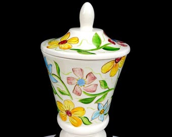 Whaley Ceramics Sygnowany Porcelanowy Wielokolorowy Kwiatowy Vintage Słoik 8 1/8" z Pokrywką