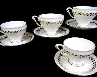 Queen Anne Porcelain 4 Golden Laurel Pattern 2 5/8" Cup & Saucer Sets 1955-1966