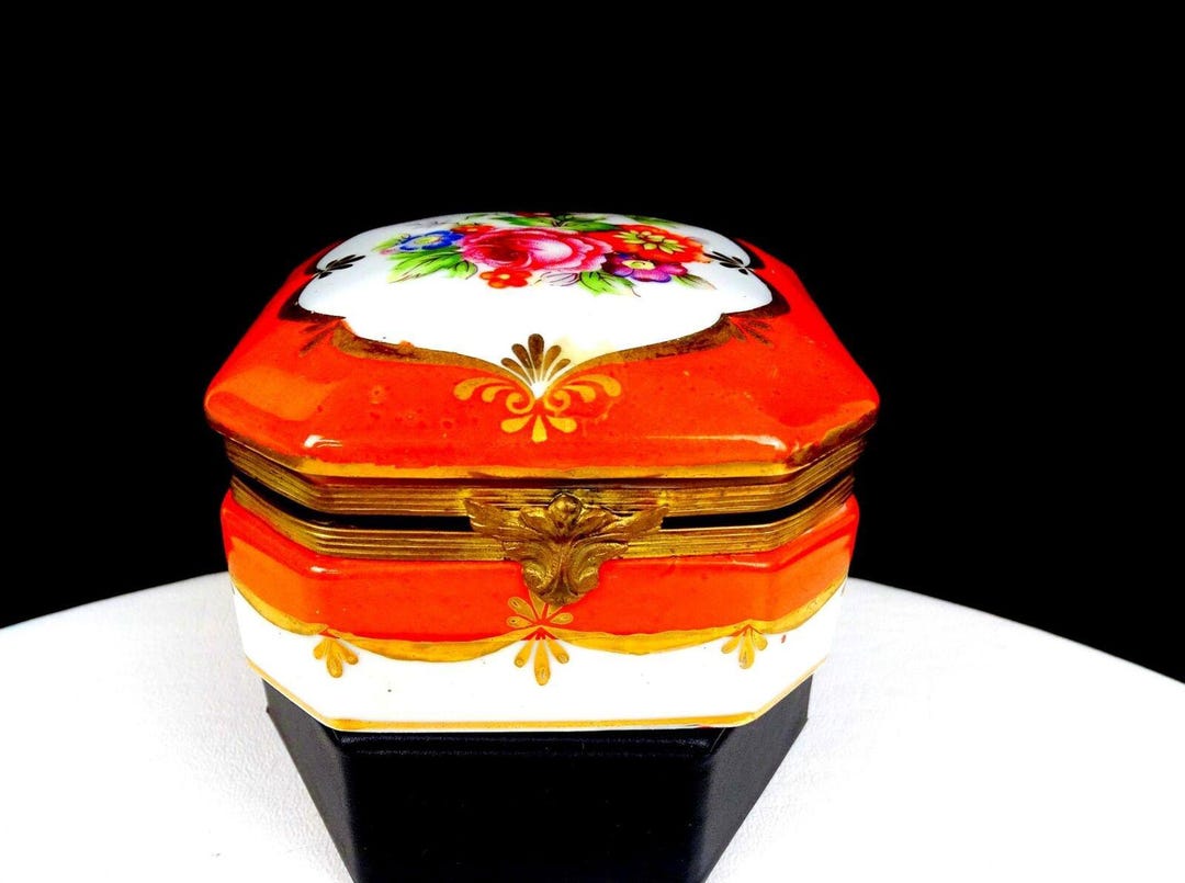 I W Rice & Co Japan Porcelain Floral and Rust Vintage 3 3/8 Trinket Box ...
