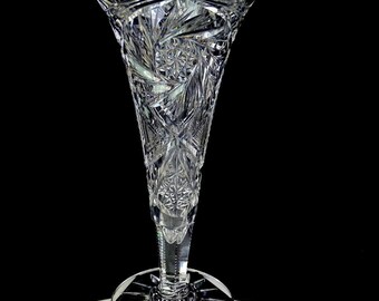 ABP American Brilliant Cut Crystal Pinwheel Buzzsaw Antique 10"Trumpet Vase 1890