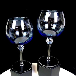 Art Glass Hand Blown Blue Optic 2 Applied Knop Stem 7 7/8" Balloon Wine Glasses