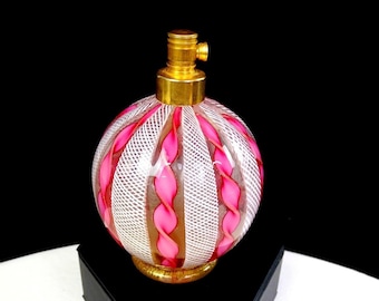 Flacon atomiseur de parfum 3 7/8 po. Latticino or aventurine en verre de Murano 1950-