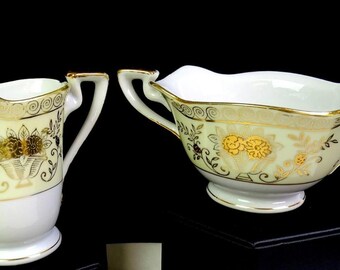Japanese Porcelain Gold Floral Pastel Yellow Vintage 3 1/2" Creamer & Sugar 1940
