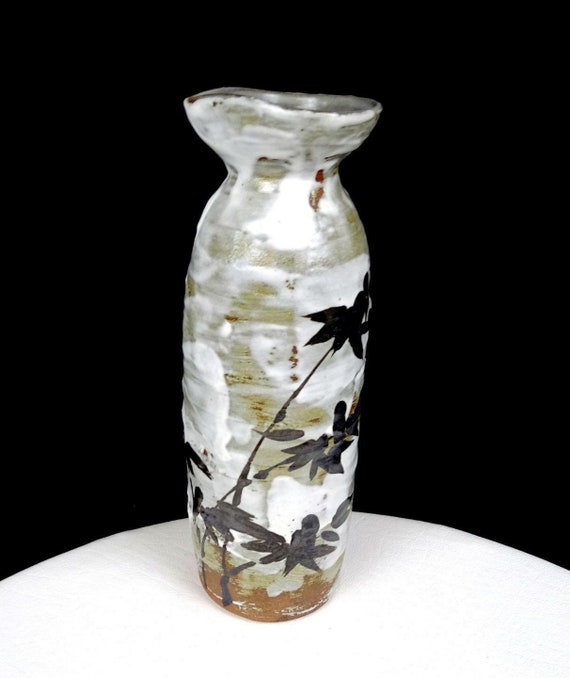 Japanese Studio Art Pottery Stoneware Drip Glaze Leaf Motif 7 7/8 Sake  Bottle 