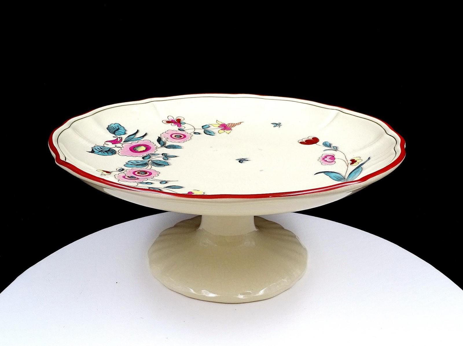 Societa Ceramica Laveno Italy Pink & Yellow Floral 10 5/8" Cake Stand 1856-1956