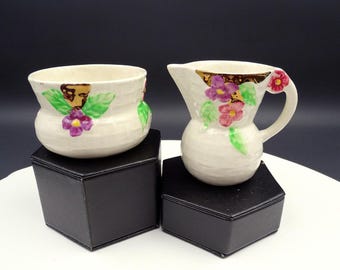 Wade Heath England Floral And Basketweave Luster 3 1/4" Creamer And Sugar Set