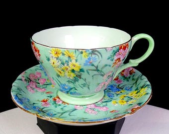 Shelley England Melody Chintz Light Green 2 1/2" Porcelain Cup & Saucer Set 1945