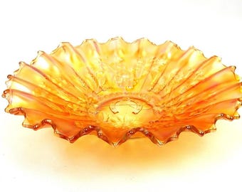 "Northwood irisierende Karneval Glas Marigold Good Luck 8 3/4 ""Ruffled Bowl 1909."