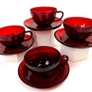 Anchor Hocking Elegant Glass Royal Ruby Four Red 2 1/4&quot; Cup & Saucer Sets 1938-