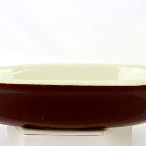 Hall Pottery USA 527 Vintage ovale gratinschaal van 20 cm met bruin schelpvormig handvat, 1930-1970