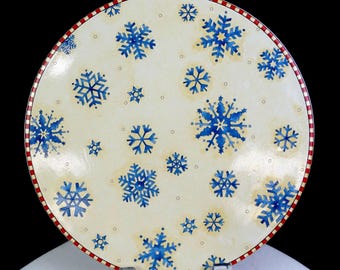 Sakura Porcelain Snowflake By Debbie Mumm Checkered Red Trim 9 1/2" Trivet 2000