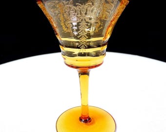Cambridge Elegant Glass Cleo Etch Amber 3oz Panel Optic 4 1/2" Liquor Glass 1929