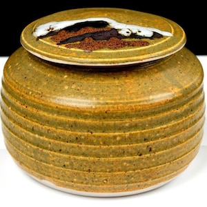 May include: A round, lidded ceramic jar with a ribbed, mustard-yellow body featuring speckled textures. The circular lid displays a decorative abstract design in dark brown and white glaze, contrasting with the earthy tones of the main vessel.