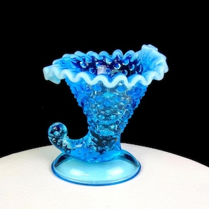 Fenton Glass Blue Opalescent Hobnail Large 5 3/4&quot; Cornucopia Candle Holder 1943