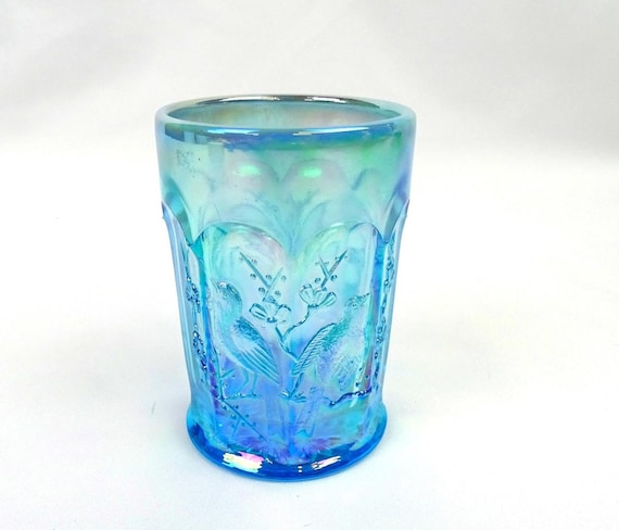 Summit Art Glass Carnival Glass Blue Opalescent Singing Birds 4" Tumbler 1970s