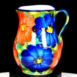 Hungarian Art Pottery Hand Painted Blue & Pink Floral 4 3/4" Pitcher 1970-1989
