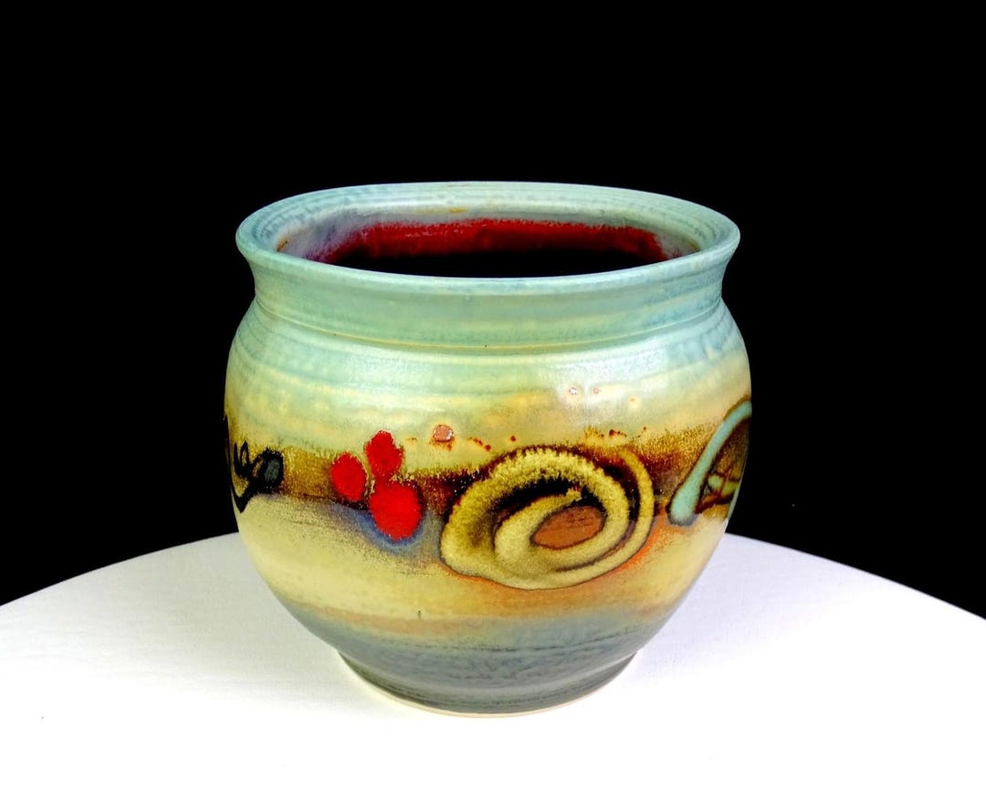 Northwest LP Signed Studio Art Pottery Abstract Flowers Drip Glaze 4 1/ ...
