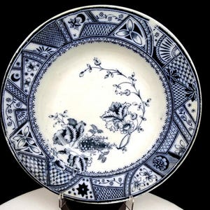 May include: A white and blue antique plate with a floral design in the center. The plate's rim features a detailed geometric pattern with stars, moons, and floral motifs. The plate is likely made of ceramic.