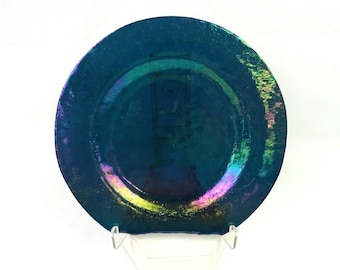 Mesolini Signed Studio Turquoise Iridescent Art Glass Flat Edge 7" Plate 1991