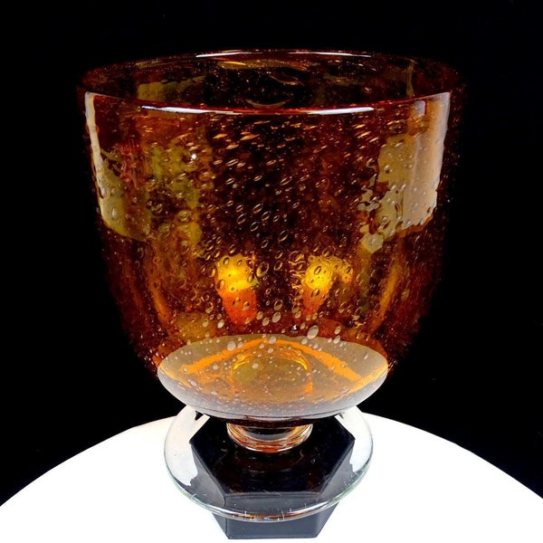 Studio Art Glass Large Amber Bubble Seedy Glass 8 3/4" Clear Footed Bowl Vase