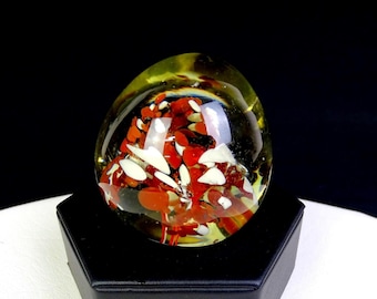 India Art Glass Brown & White Floral Controlled Bubble 2.3" Paperweight W/ Stkr