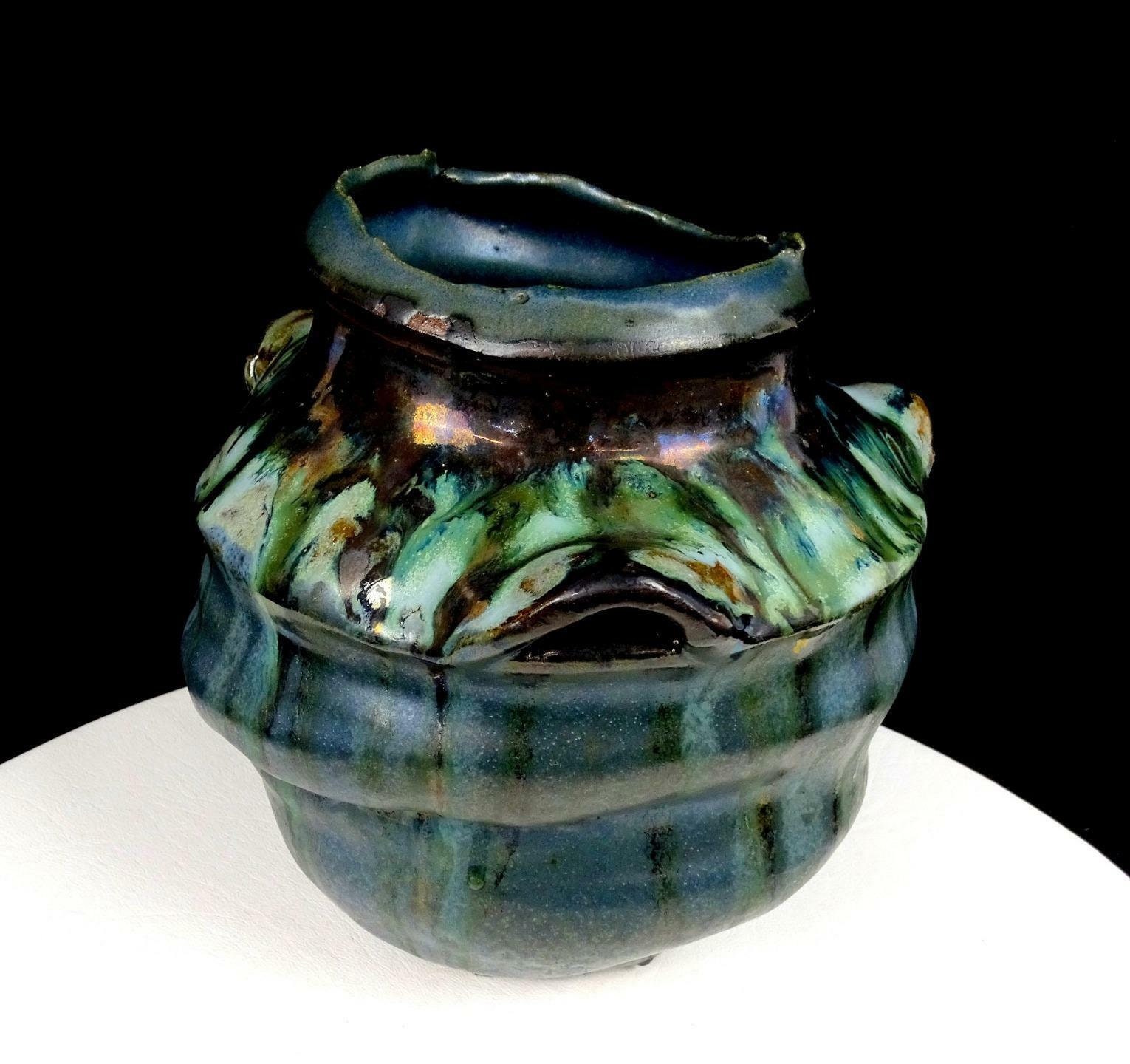 Studio Art Pottery Asian Inspired Brutalist Drip Glaze Handled 7 3/8 ...