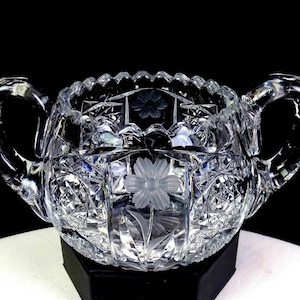 American Brilliant Period ABP Cut Crystal Flower & Hobstar 3&quot; Sugar Bowl 1890-
