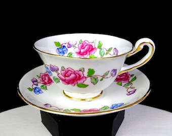 Royal Chelsea Porcelain England Floral and Gilt Vintage 2 1/8" Cup & Saucer 1930s