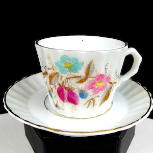 English Porcelain Pink Blue Floral Gold Trim Ribbed 2&quot; Demitasse Cup And Saucer