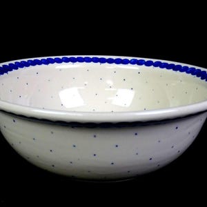 Puede incluir: Cuenco de cerámica blanca con un patrón de puntos azules y un borde azul con cuentas. El cuenco tiene forma redondeada y está sobre un fondo negro. Un artículo de menaje de cocina decorativo.