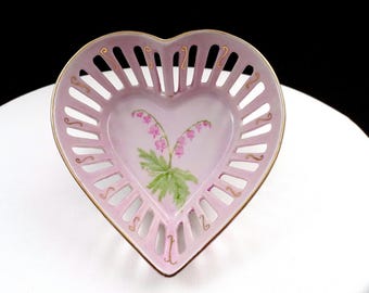 Schwarzenhammer Bavaria Nolin Signed Pink Floral Pierced 5 1/2" Heart Dish 1979