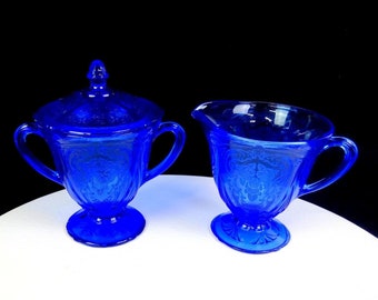 Hazel Atlas Glass Royal Lace Cobalt Blue 4.25" Creamer & Lidded Sugar Bowl 1934