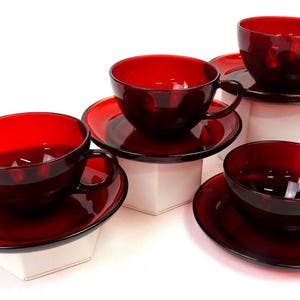 Anchor Hocking Elegant Glass Four Royal Ruby Red 2 1/4&quot; Cup & Saucer Sets 1938-