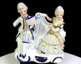 TC Signed Japanese Porcelain Victorian Couple With Harp 4 3/4" Figurine 1950-